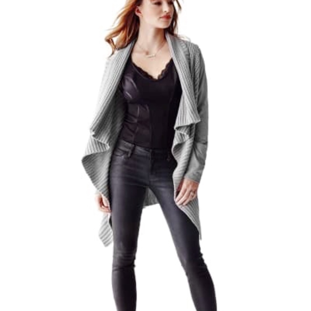 GUESS Long Sleeve Waterfall Knit Suede Cardigan